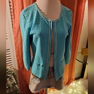 Evan Picone Turquoise Cardigan Sweater. Added Scallop and Bead Detail.